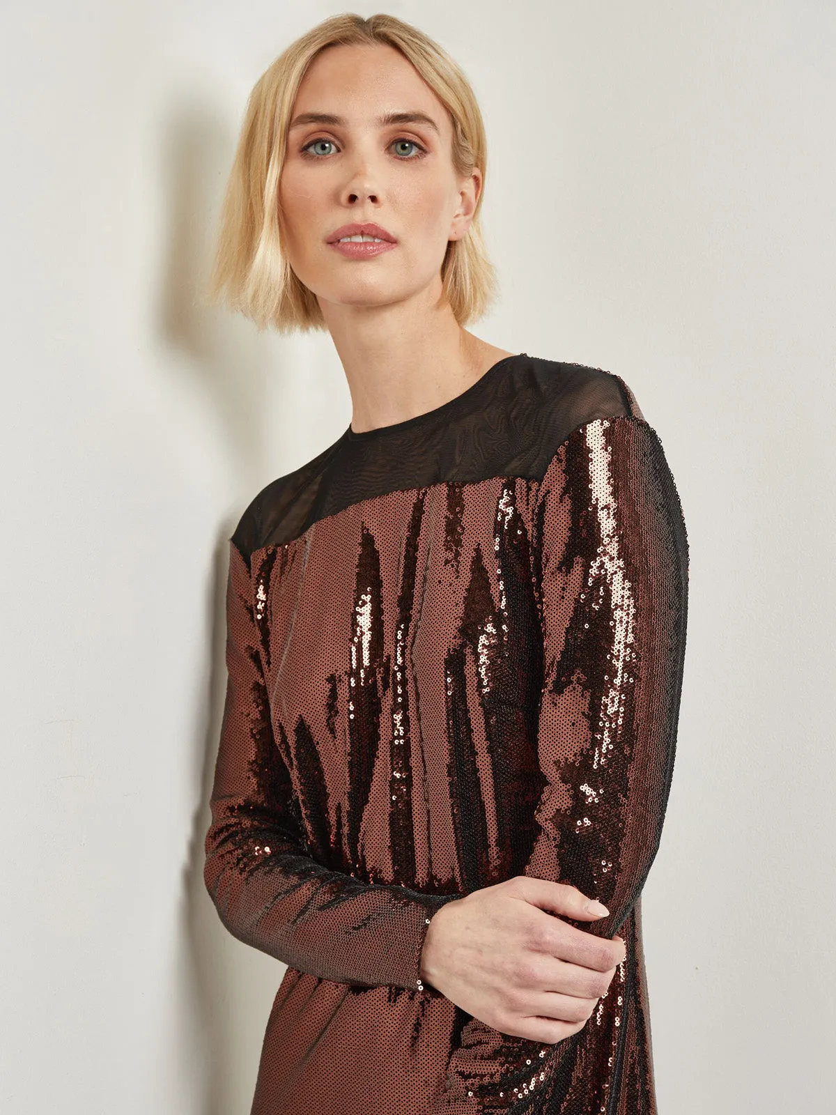 Modern Fit Sheer Shoulder Sequin A-Line Maxi Dress