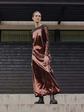 Modern Fit Sheer Shoulder Sequin A-Line Maxi Dress