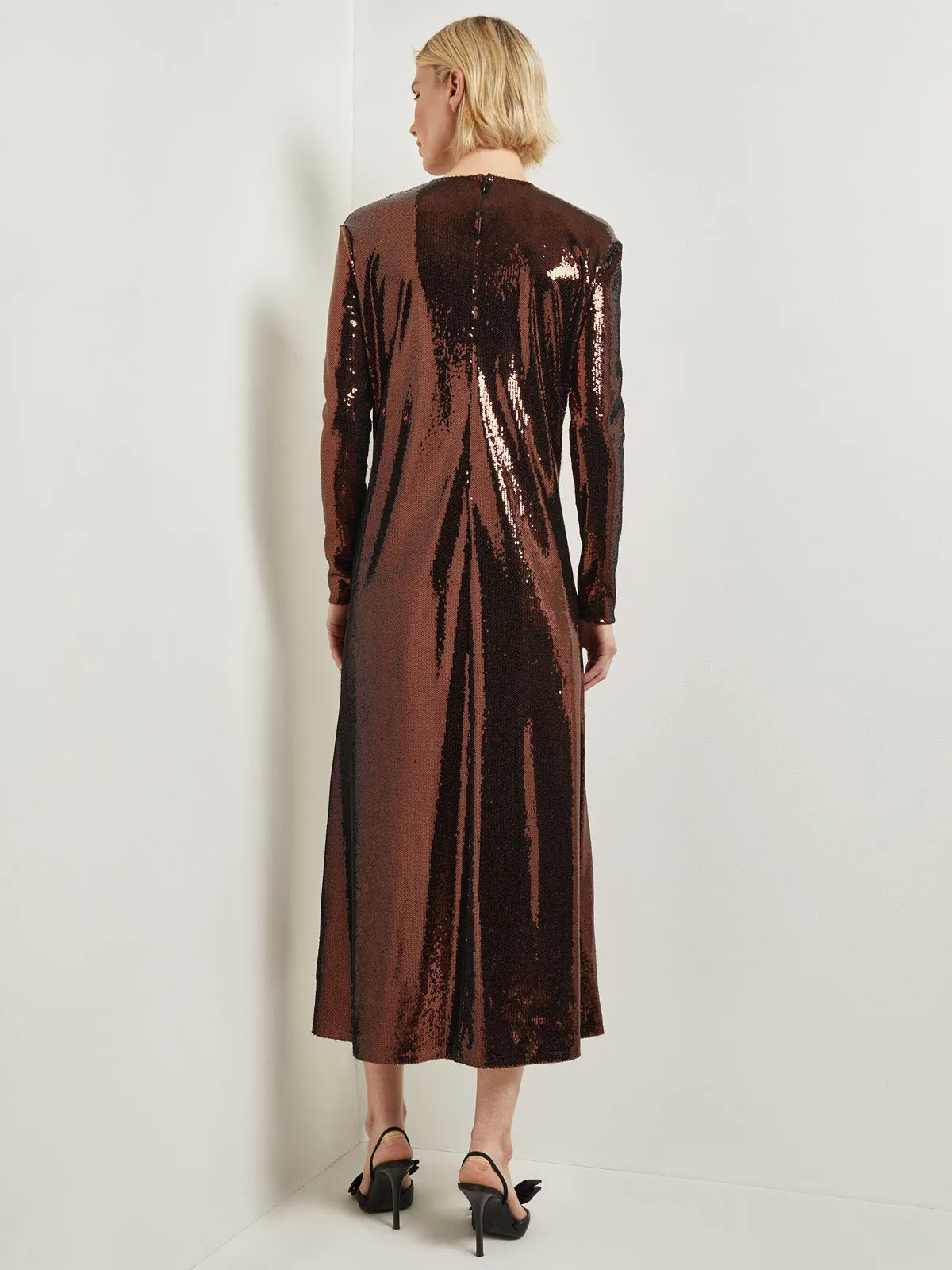 Modern Fit Sheer Shoulder Sequin A-Line Maxi Dress