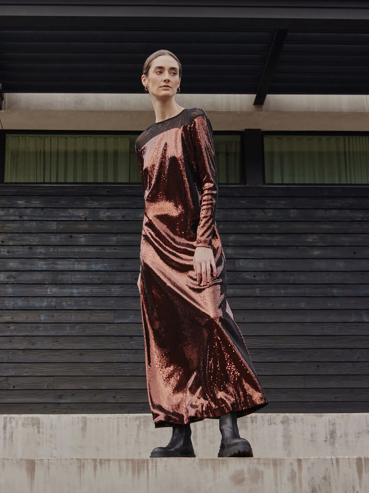 Modern Fit Sheer Shoulder Sequin A-Line Maxi Dress