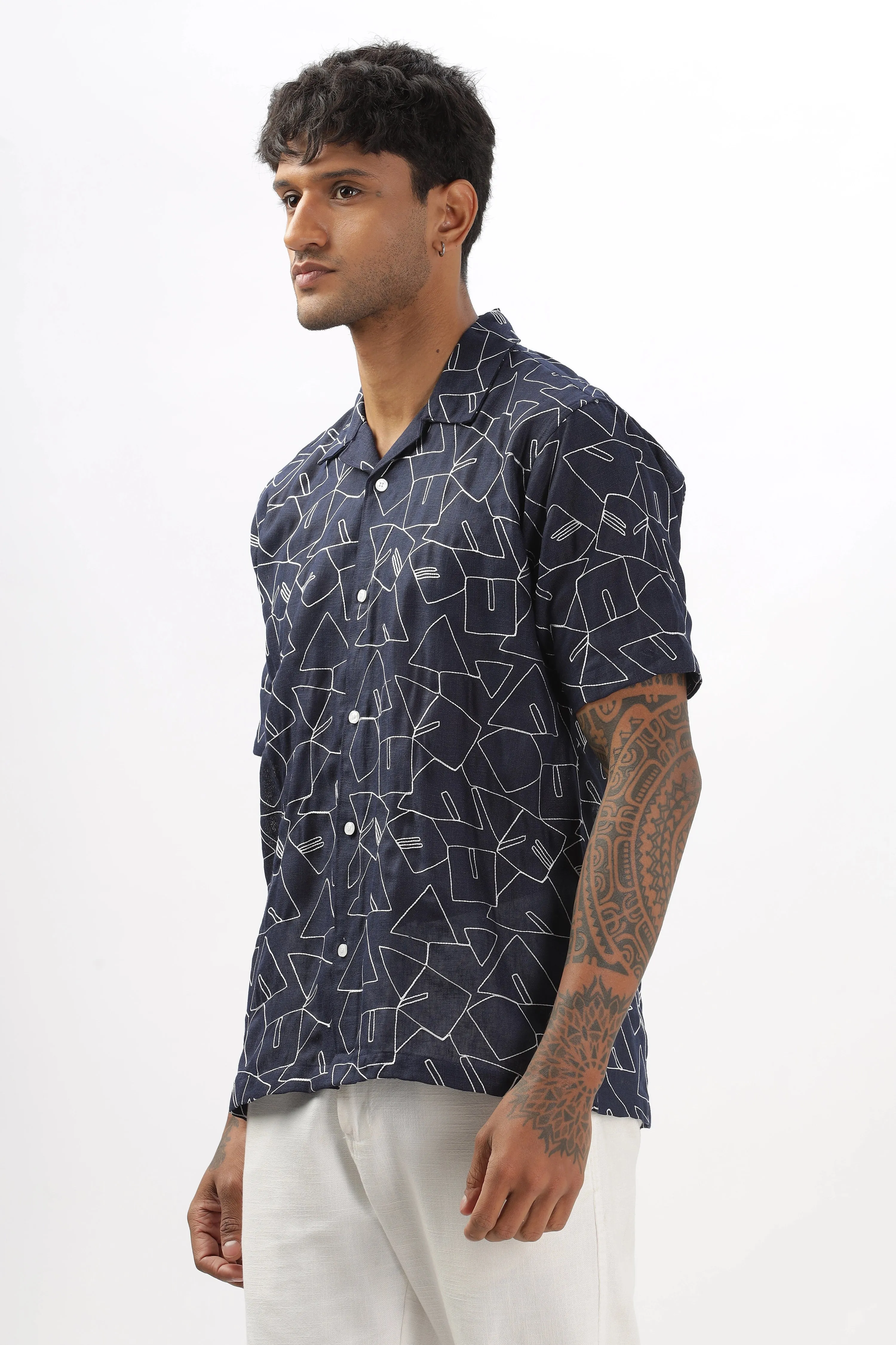 Navy abstract linen embroidered half sleeve shirt