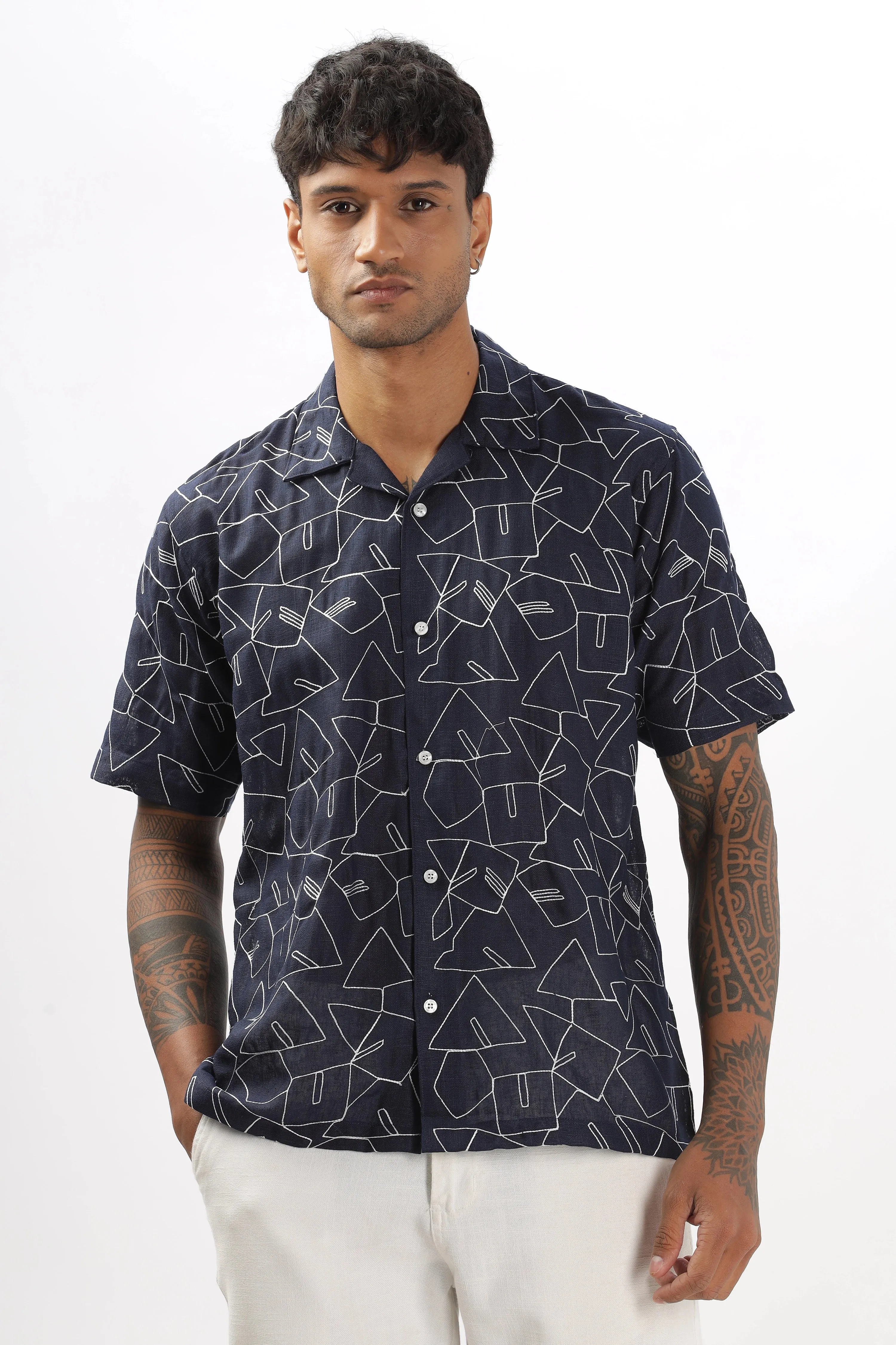 Navy abstract linen embroidered half sleeve shirt