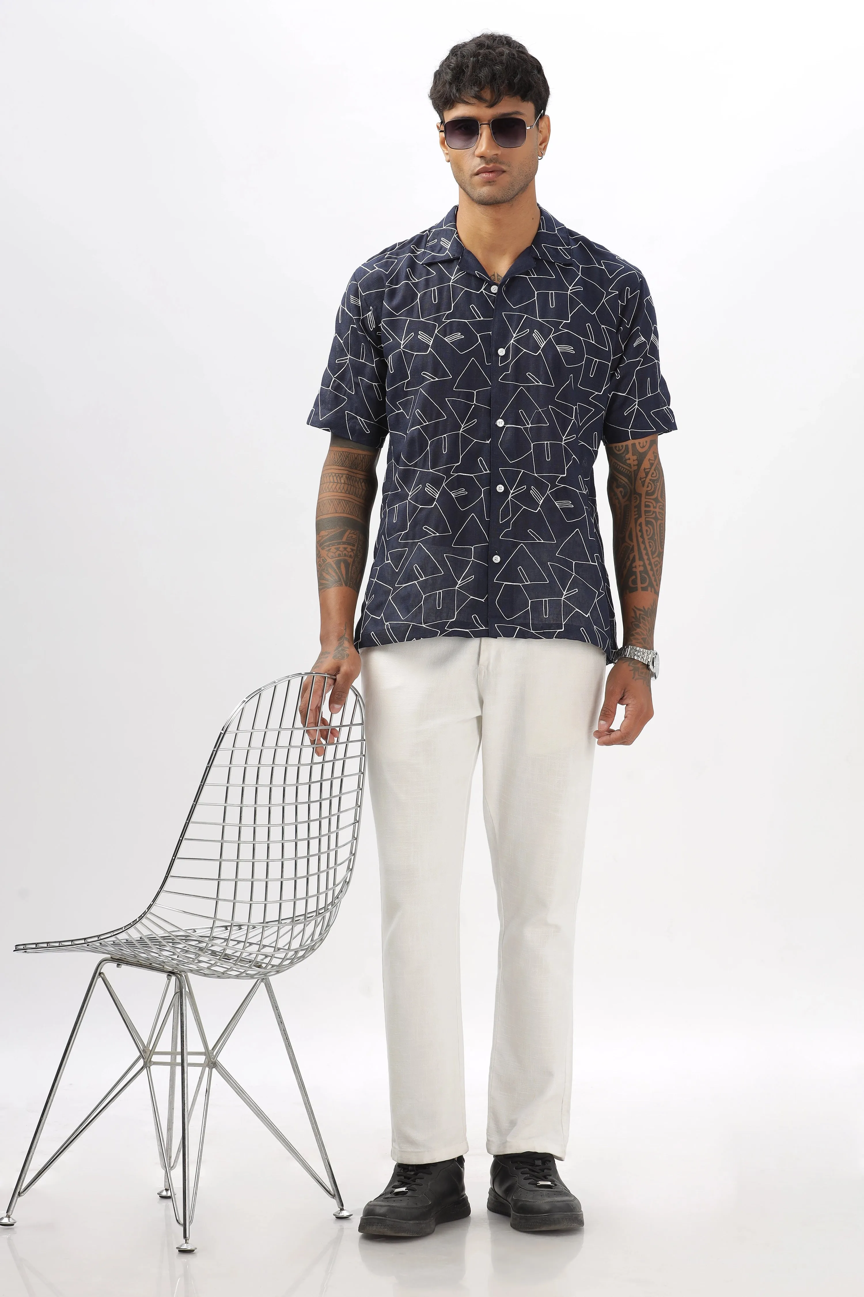Navy abstract linen embroidered half sleeve shirt