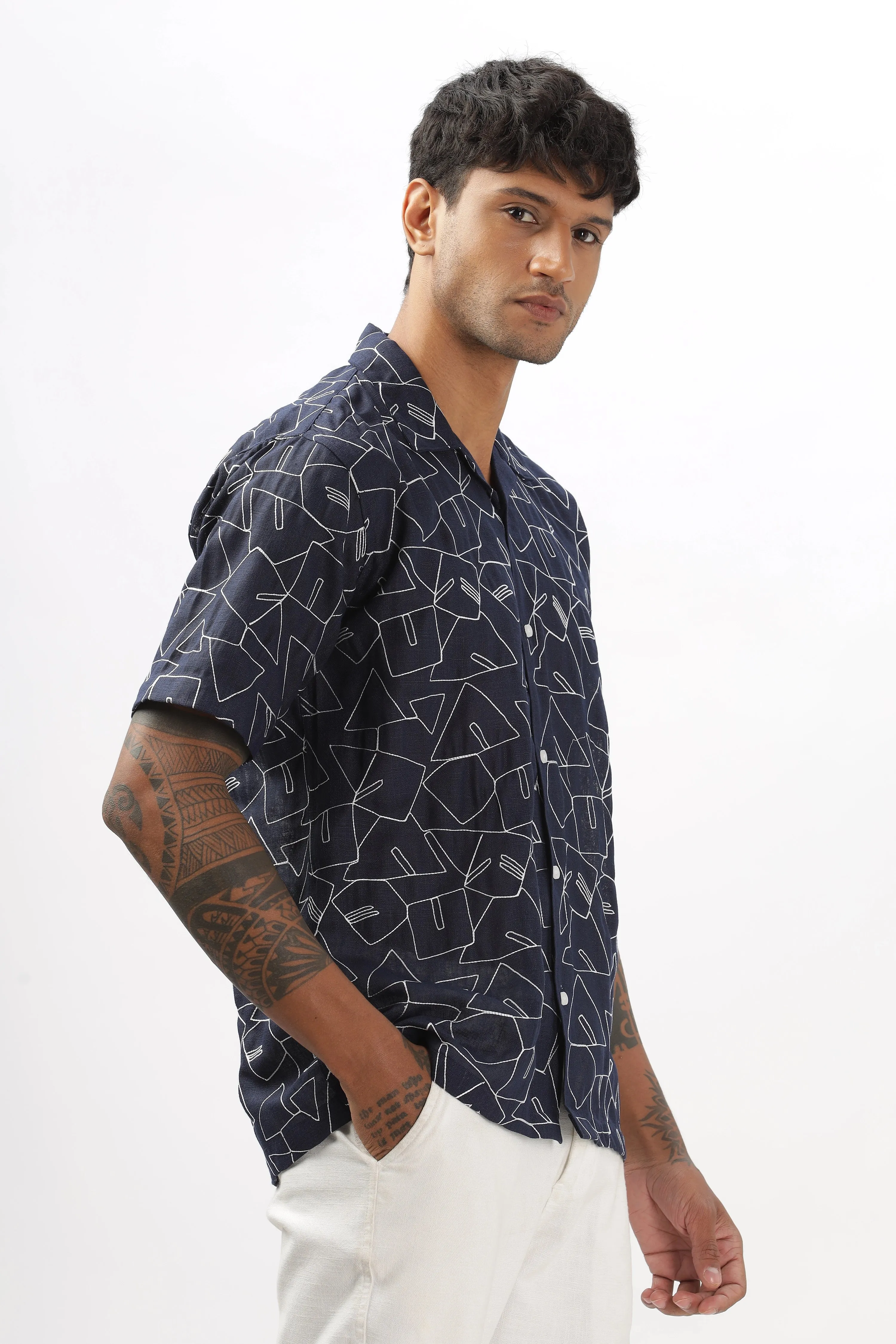 Navy abstract linen embroidered half sleeve shirt