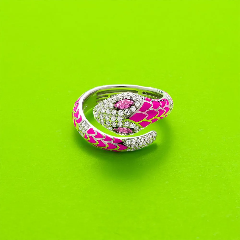 Neon Fuschia Serpent Wrap Ring - White Silver