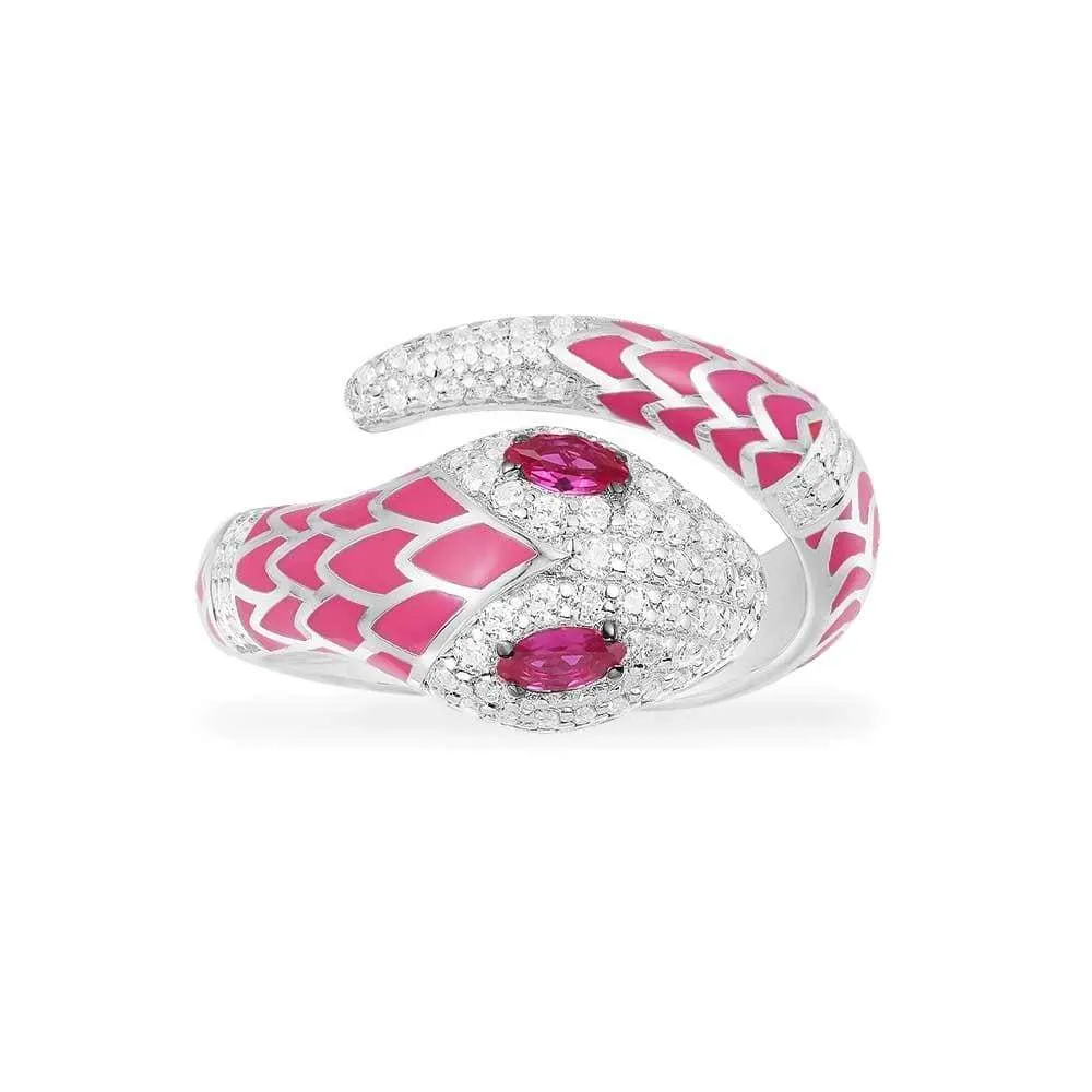 Neon Fuschia Serpent Wrap Ring - White Silver