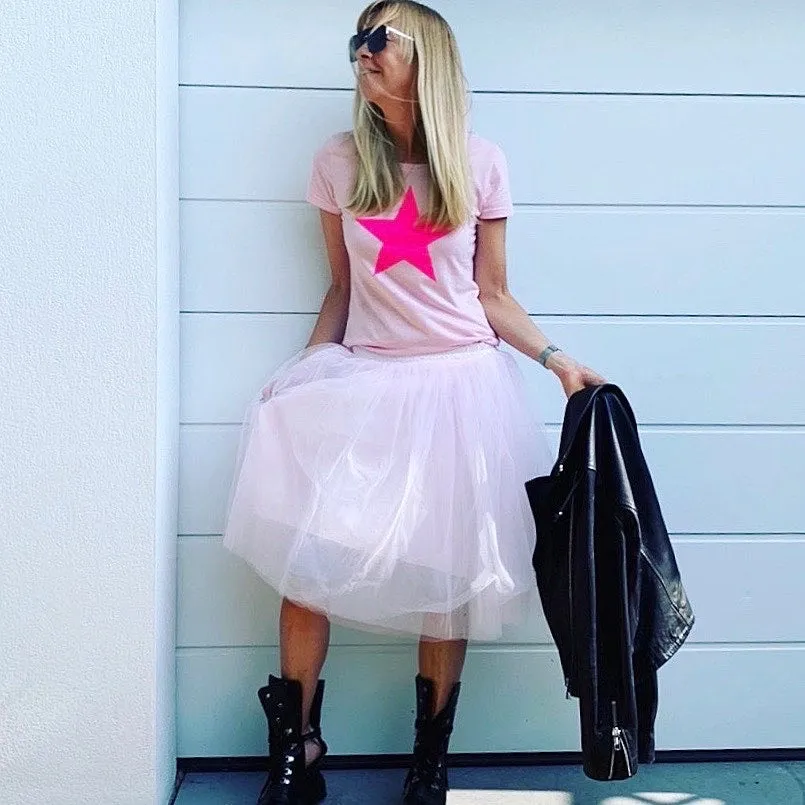 Neon pink star on pink tee