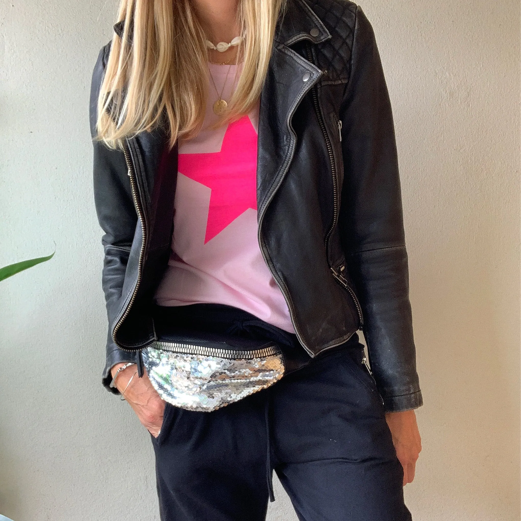 Neon pink star on pink tee