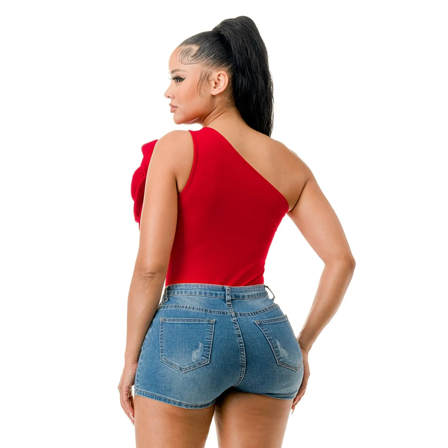 One Shoulder Flower Detail Ruby Bodysuit
