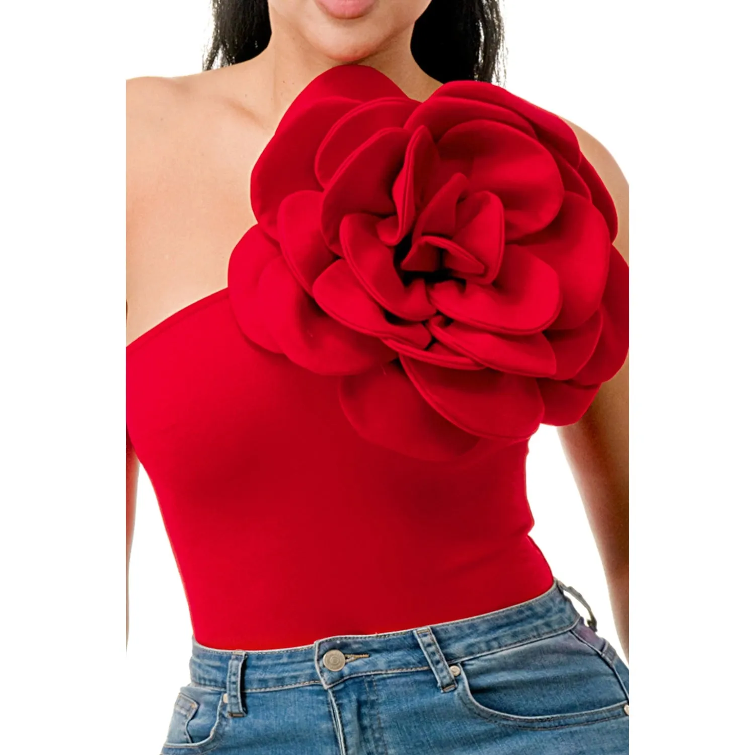 One Shoulder Flower Detail Ruby Bodysuit