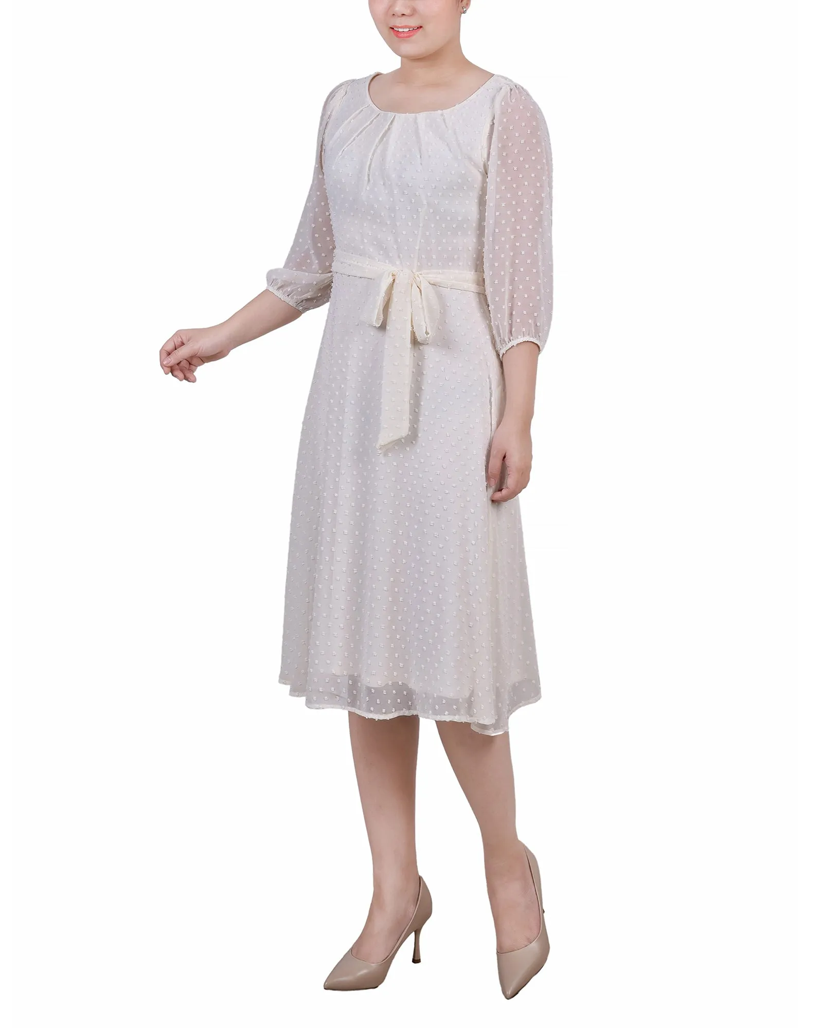 Petite 3/4 Sleeve Clip Dot Dress