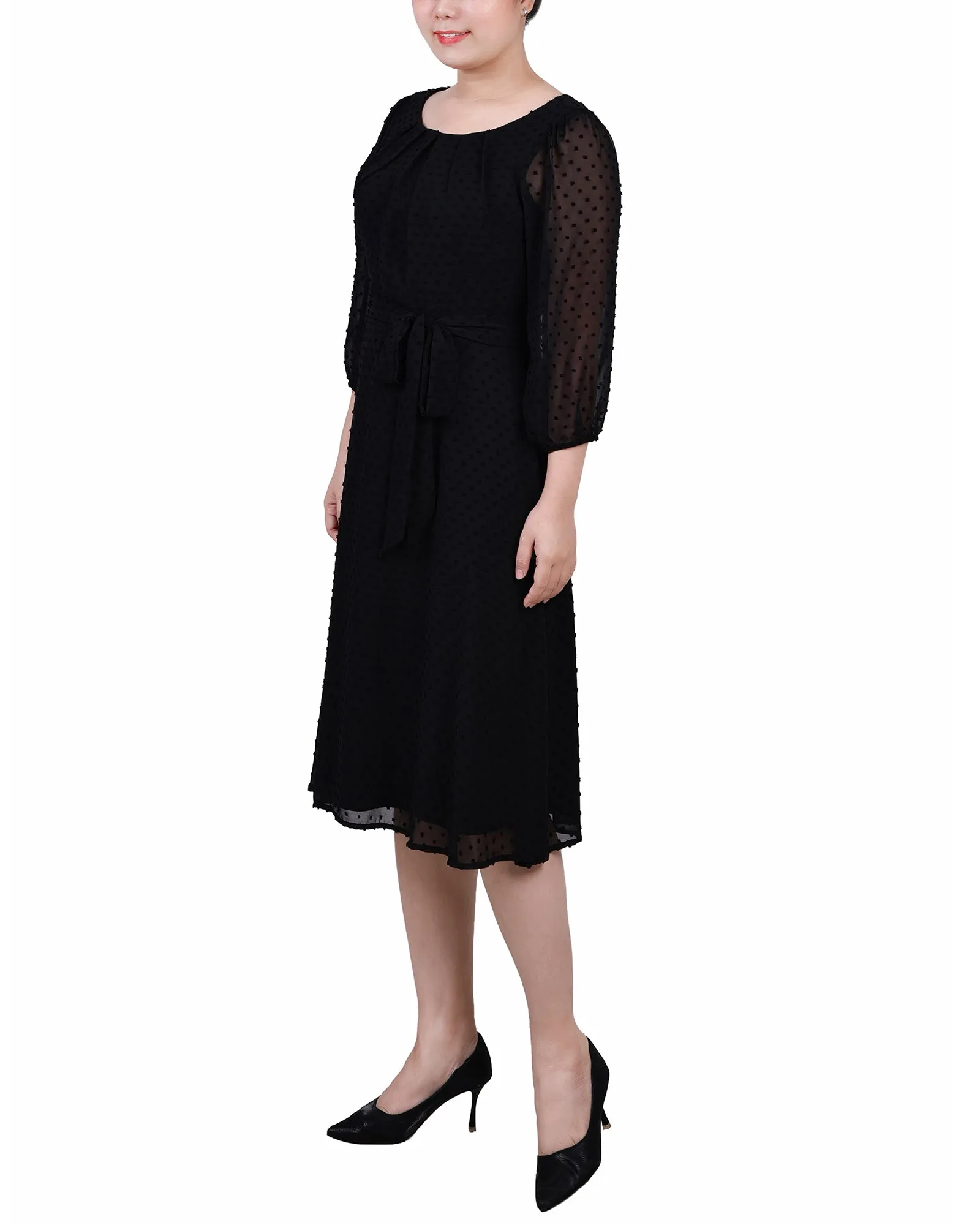 Petite 3/4 Sleeve Clip Dot Dress