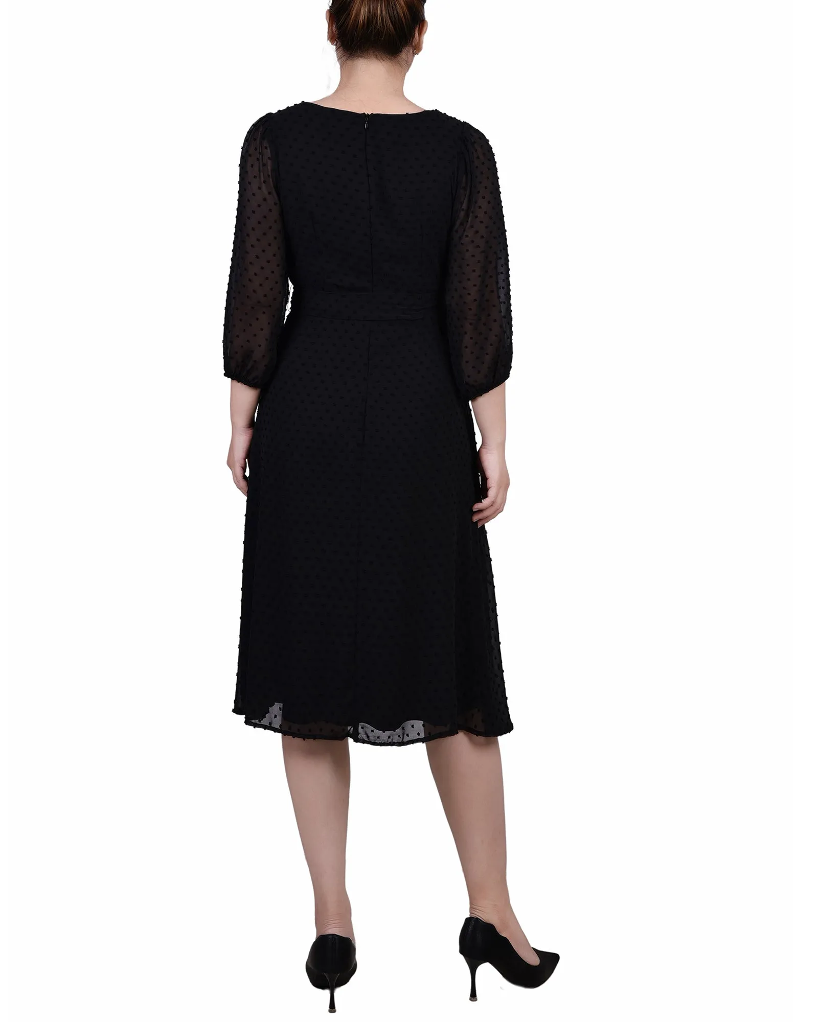 Petite 3/4 Sleeve Clip Dot Dress