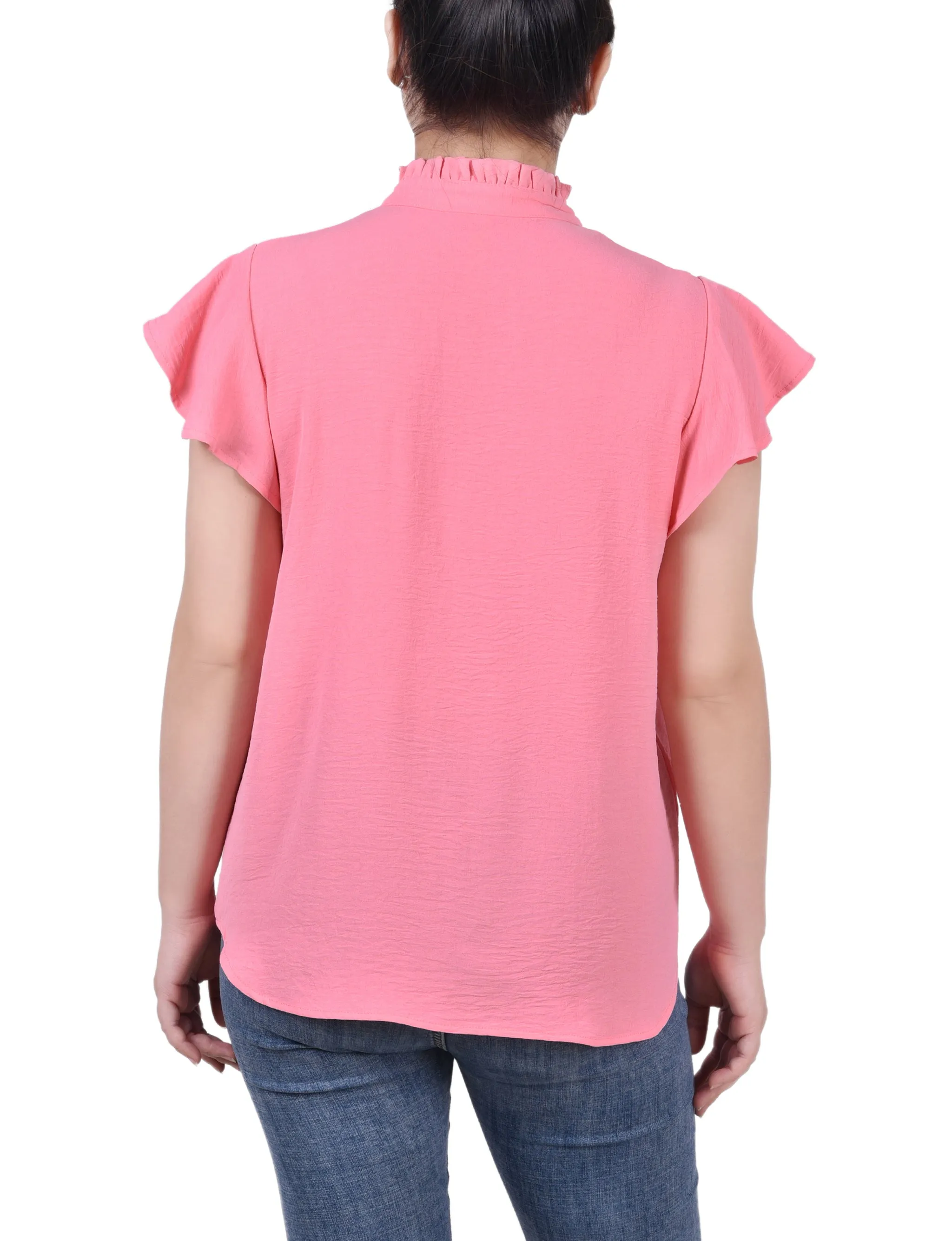 Petite Flutter Sleeve Ruffle Neck Blouse