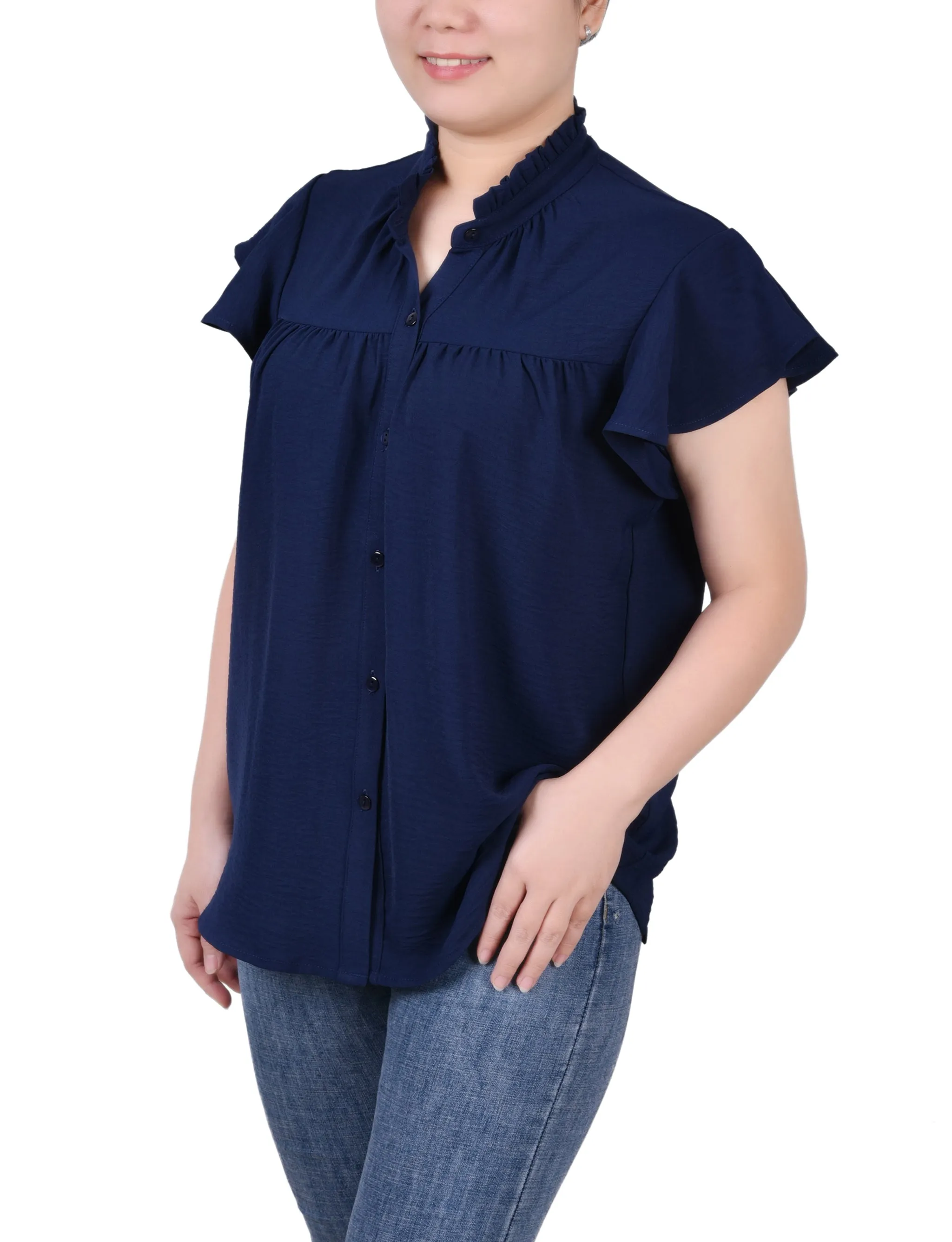 Petite Flutter Sleeve Ruffle Neck Blouse