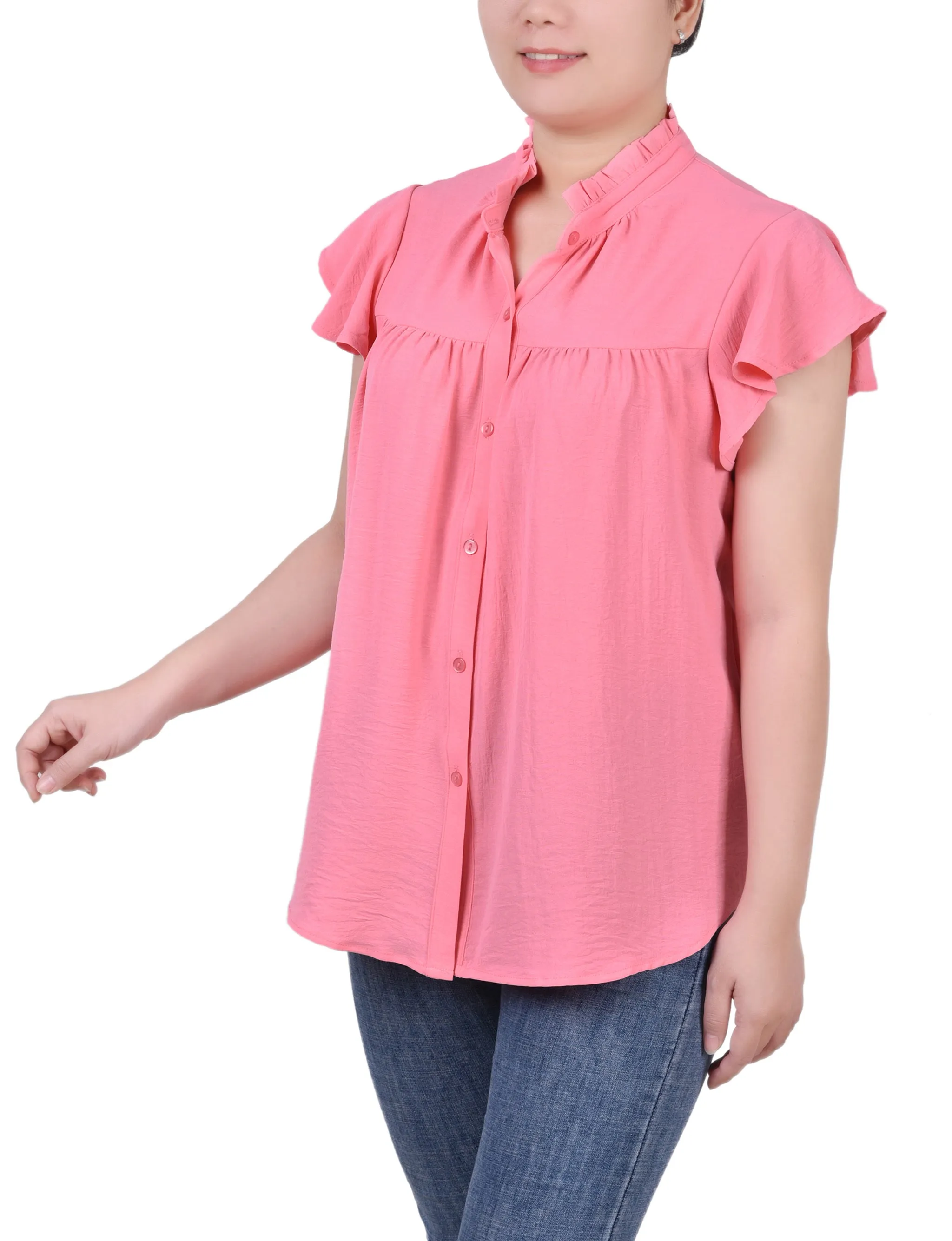 Petite Flutter Sleeve Ruffle Neck Blouse