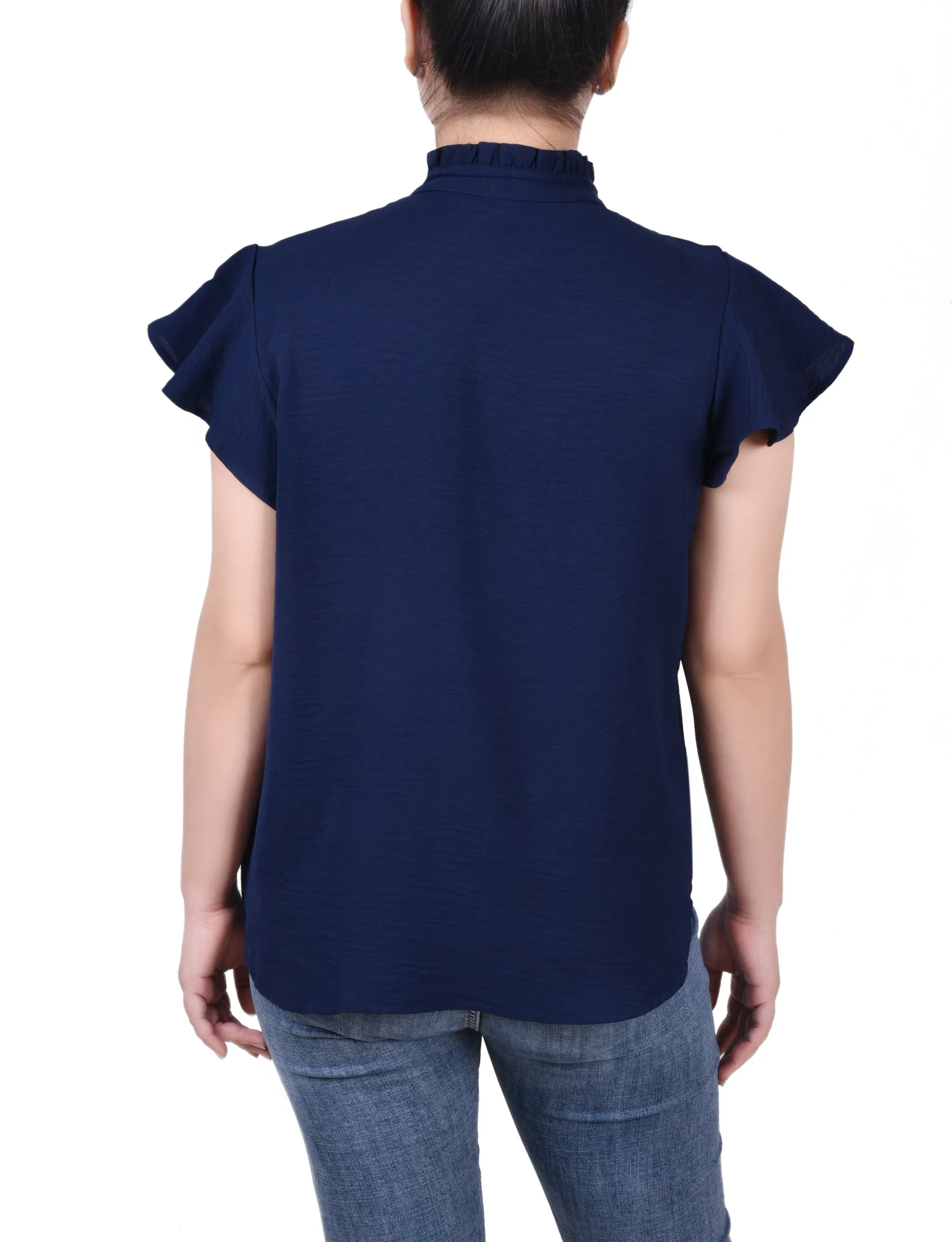 Petite Flutter Sleeve Ruffle Neck Blouse