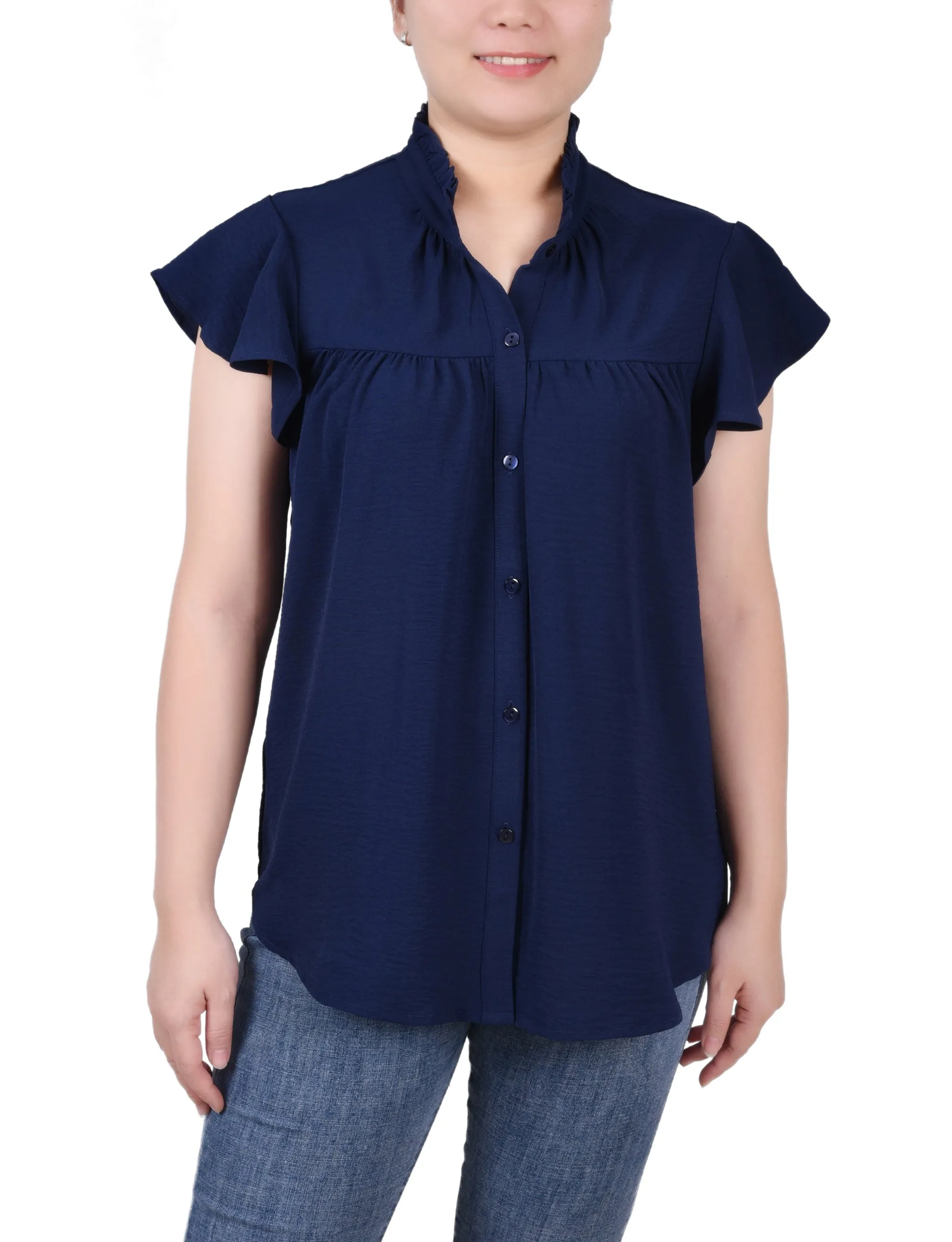 Petite Flutter Sleeve Ruffle Neck Blouse