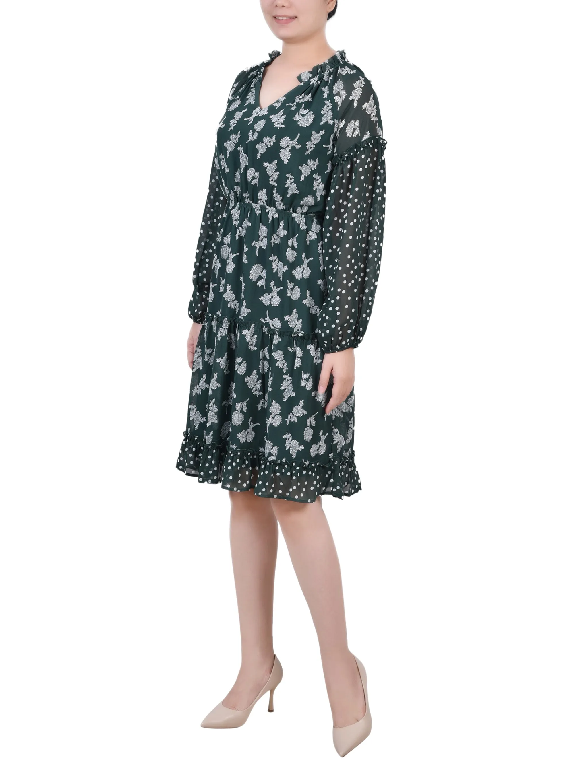 Petite Long Sleeve Combo Chiffon Dress