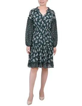 Petite Long Sleeve Combo Chiffon Dress