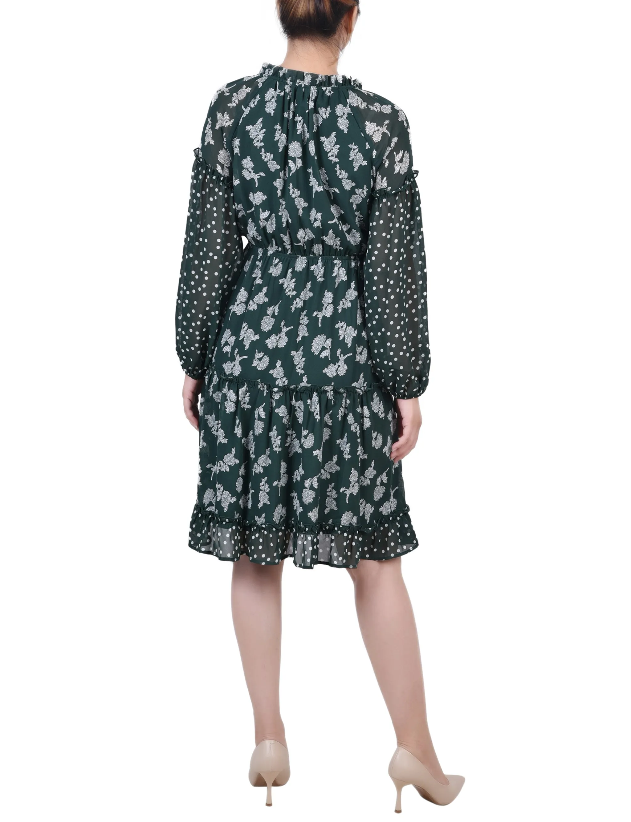 Petite Long Sleeve Combo Chiffon Dress