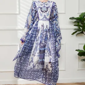 PIN GROUPS Blue And White Floral Printed Flowing Fairy Dress With Large Swing