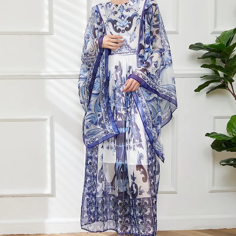 PIN GROUPS Blue And White Floral Printed Flowing Fairy Dress With Large Swing