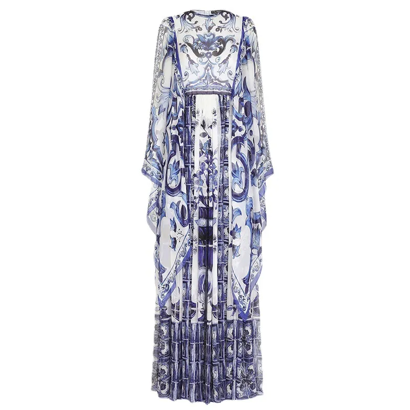 PIN GROUPS Blue And White Floral Printed Flowing Fairy Dress With Large Swing