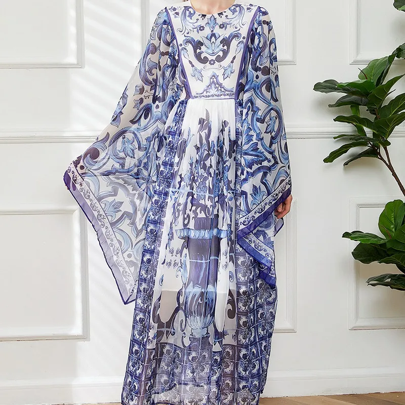 PIN GROUPS Blue And White Floral Printed Flowing Fairy Dress With Large Swing
