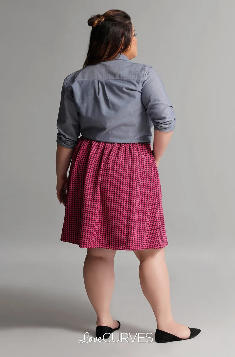 Pleated Skirt with Side Pockets and Belt - Pink Houndstooth - GRA