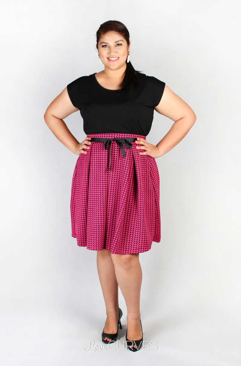 Pleated Skirt with Side Pockets and Belt - Pink Houndstooth - GRA