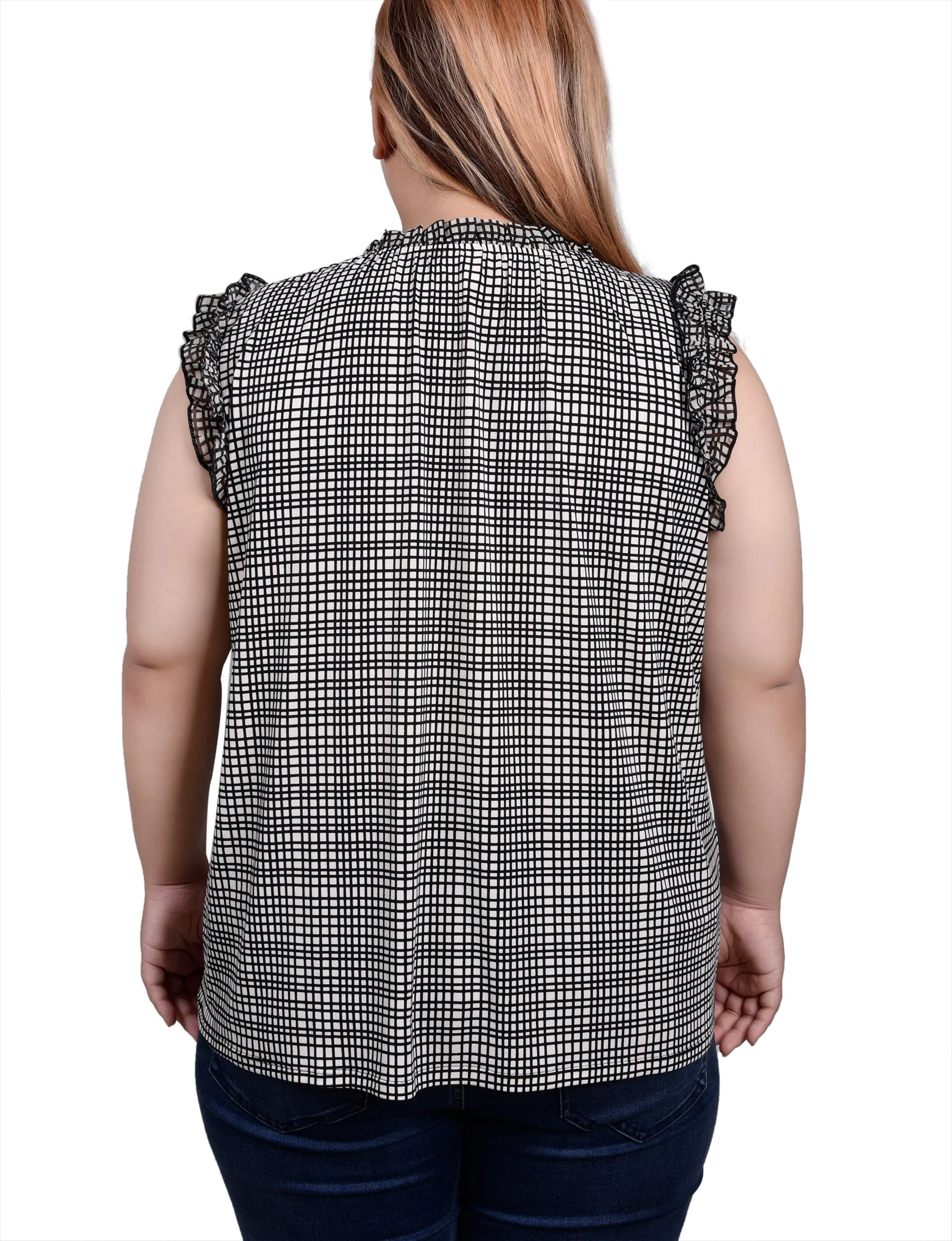 Plus Size Sleeveless Crepe Top With Chiffon Ruffles