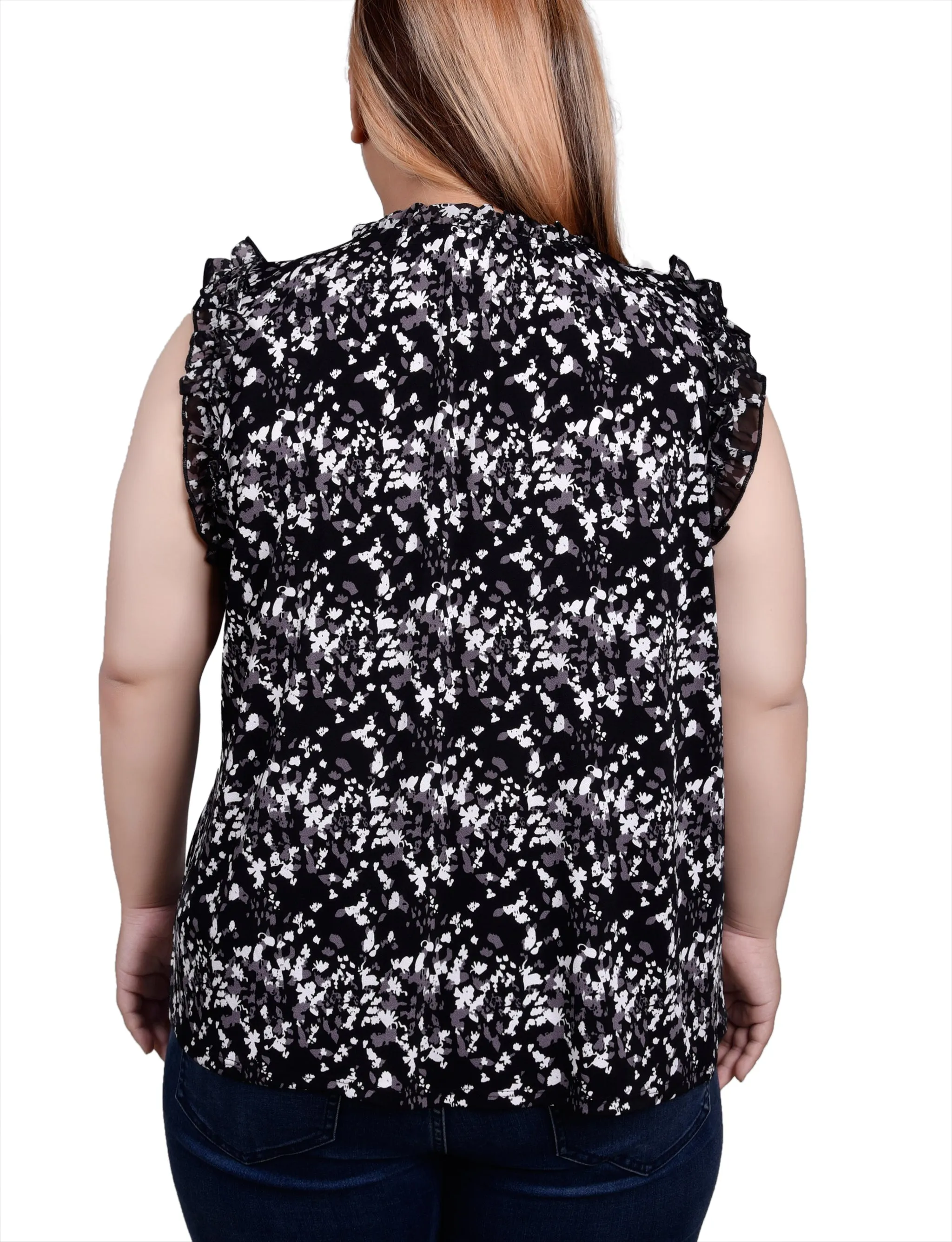 Plus Size Sleeveless Crepe Top With Chiffon Ruffles