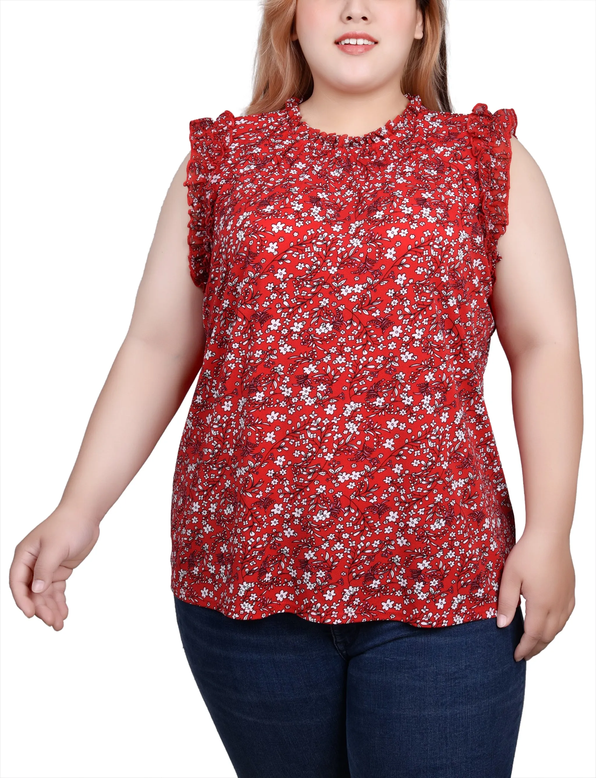 Plus Size Sleeveless Crepe Top With Chiffon Ruffles
