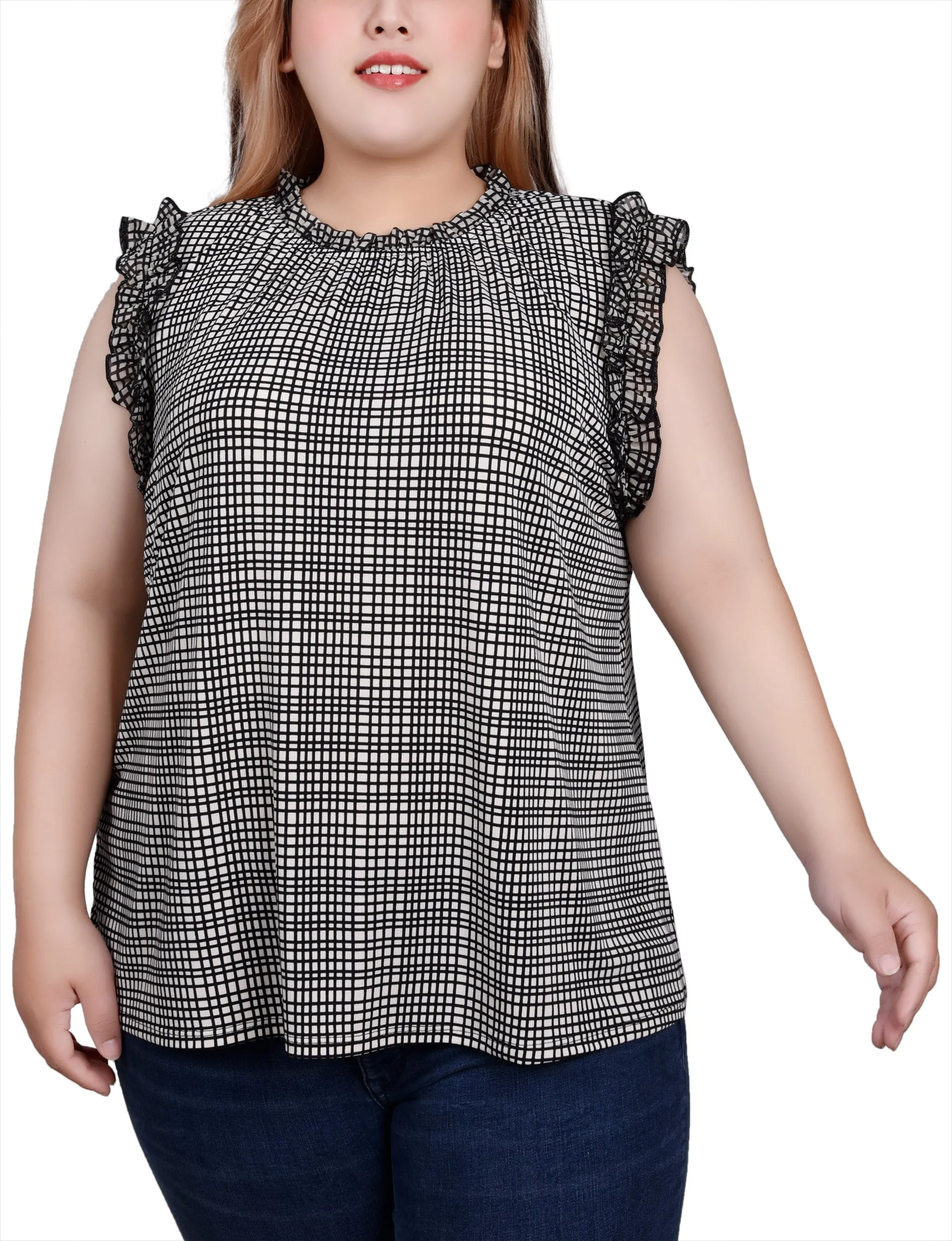 Plus Size Sleeveless Crepe Top With Chiffon Ruffles