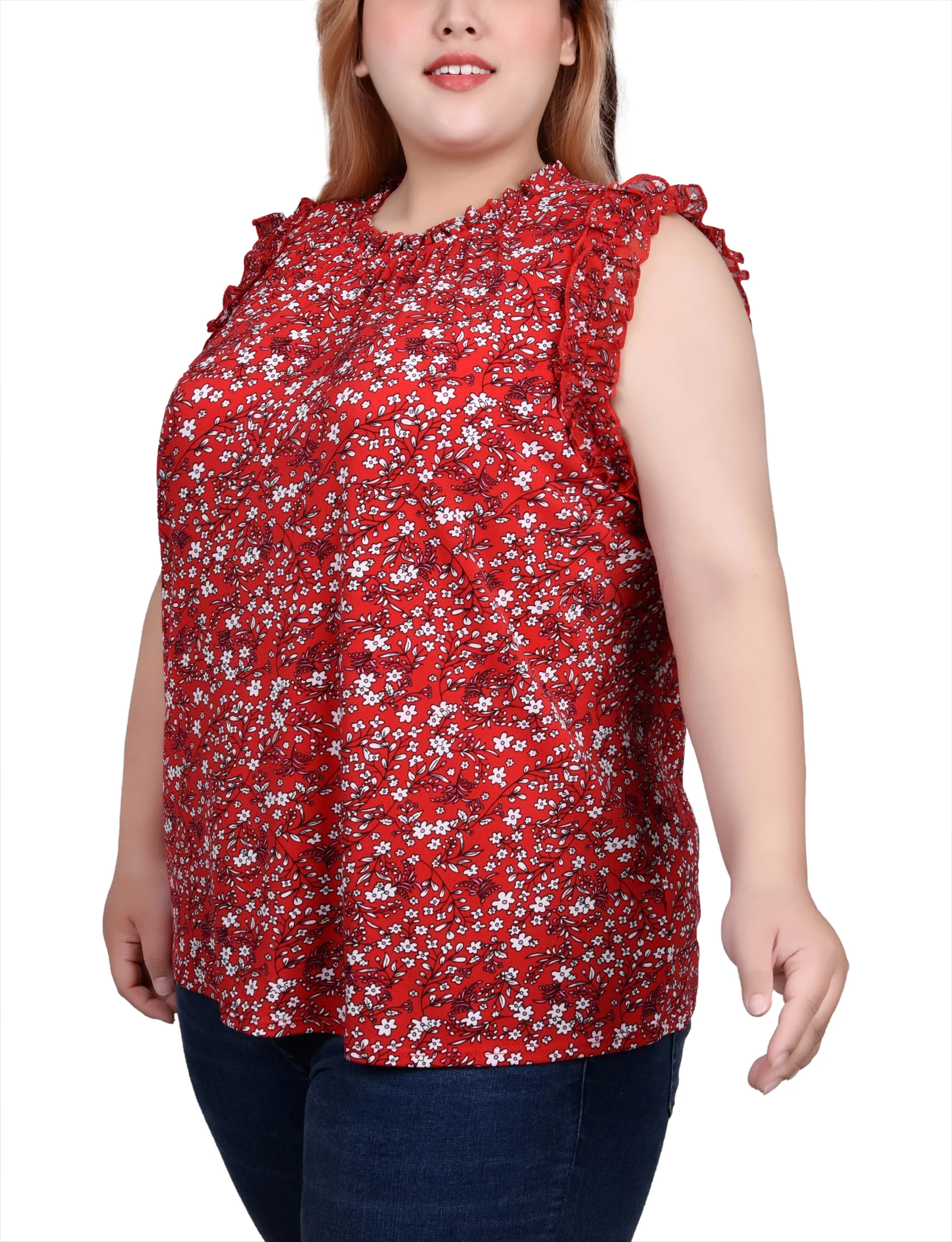 Plus Size Sleeveless Crepe Top With Chiffon Ruffles