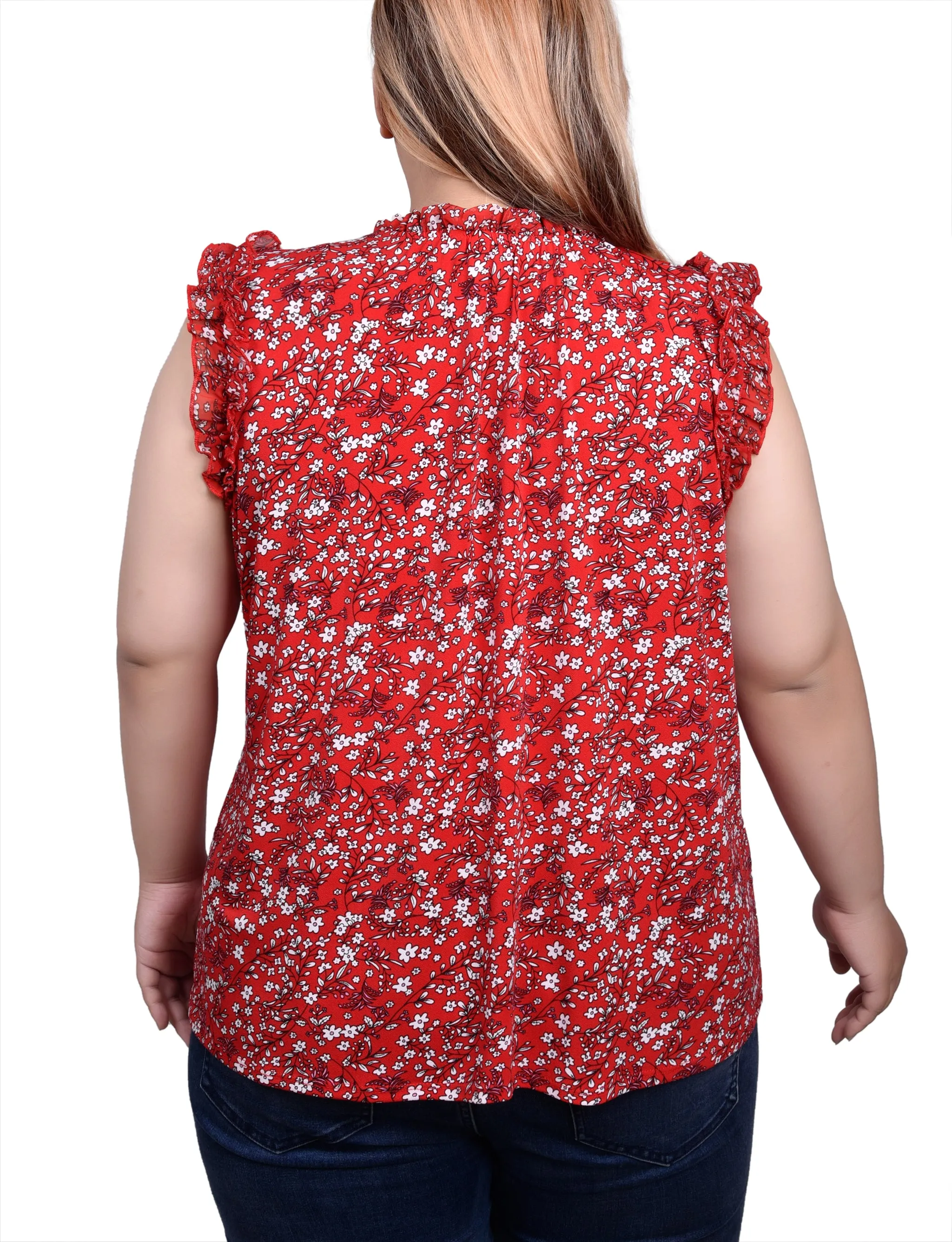 Plus Size Sleeveless Crepe Top With Chiffon Ruffles