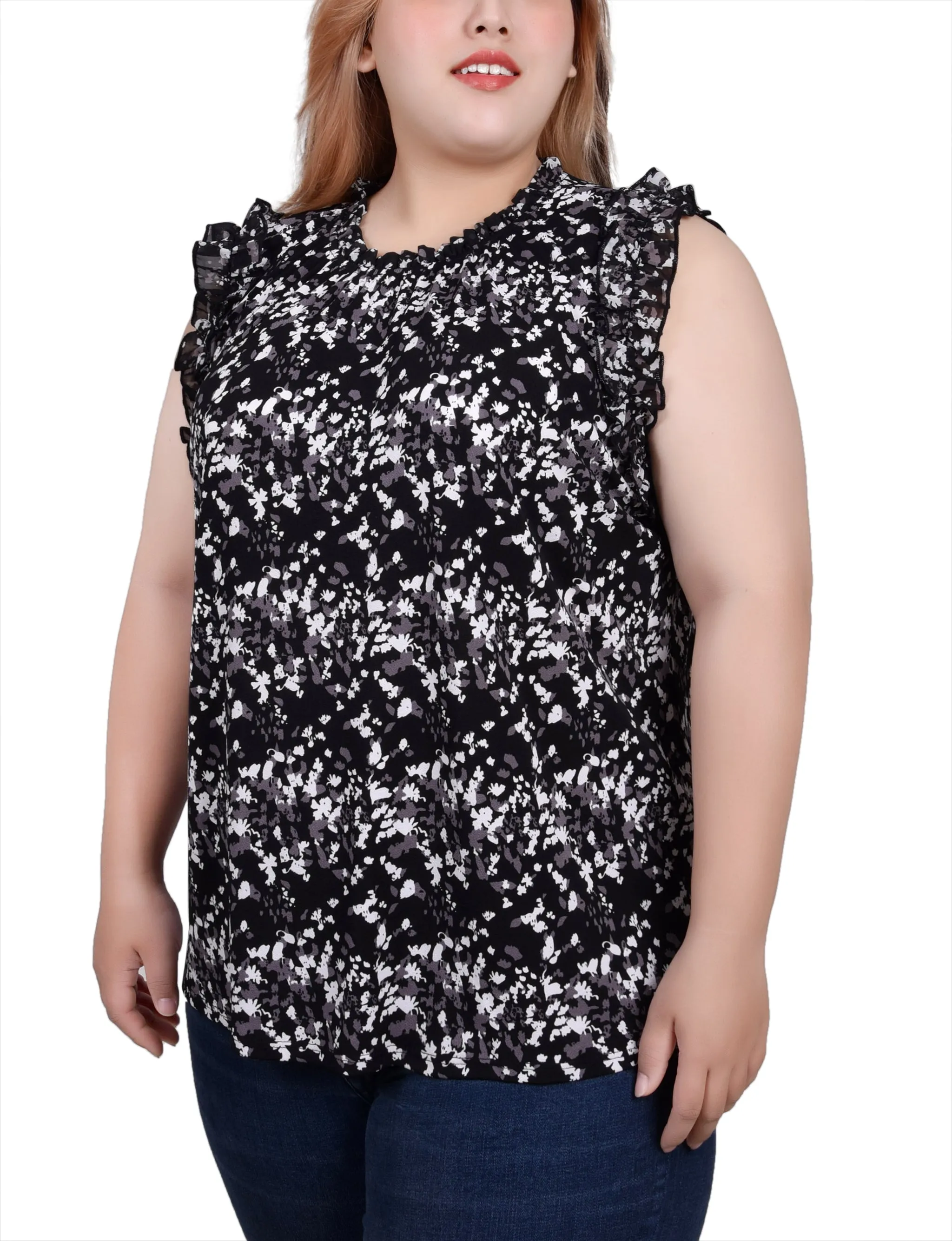 Plus Size Sleeveless Crepe Top With Chiffon Ruffles