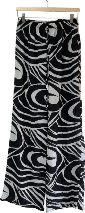 PrettyLittleThing White Black Swirl Print Woven Elasticated Waist Wide Leg Trousers UK 14