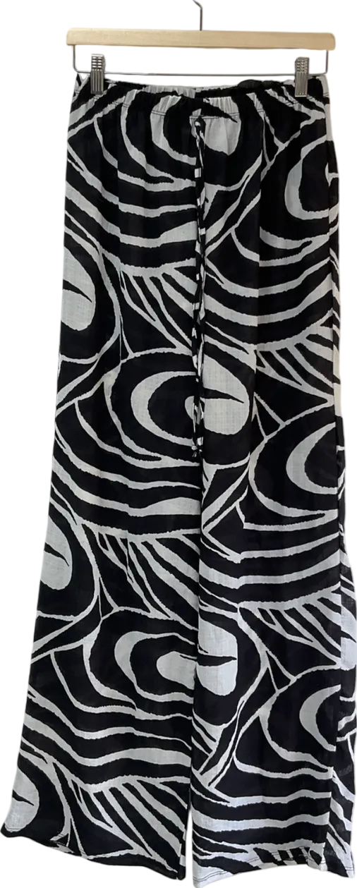 PrettyLittleThing White Black Swirl Print Woven Elasticated Waist Wide Leg Trousers UK 14