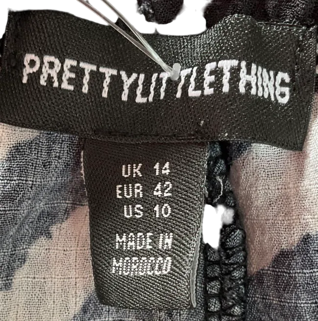 PrettyLittleThing White Black Swirl Print Woven Elasticated Waist Wide Leg Trousers UK 14