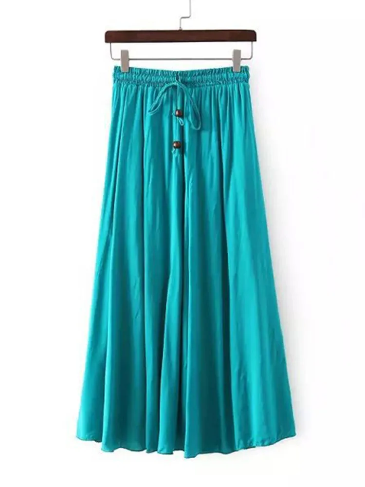 Rayon Women Lace Up Elastic Waist Pure Color Pleated Long Skirts