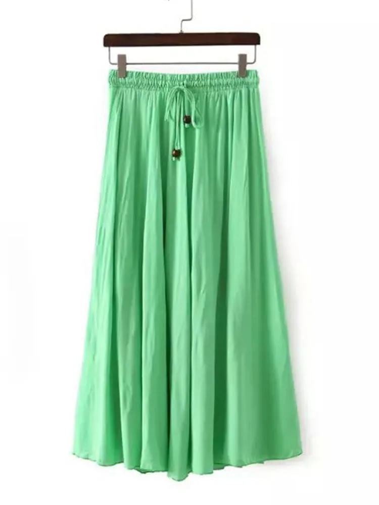 Rayon Women Lace Up Elastic Waist Pure Color Pleated Long Skirts