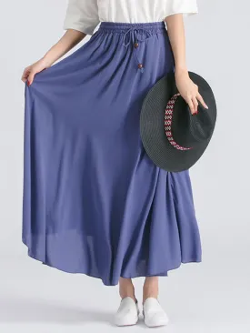 Rayon Women Lace Up Elastic Waist Pure Color Pleated Long Skirts