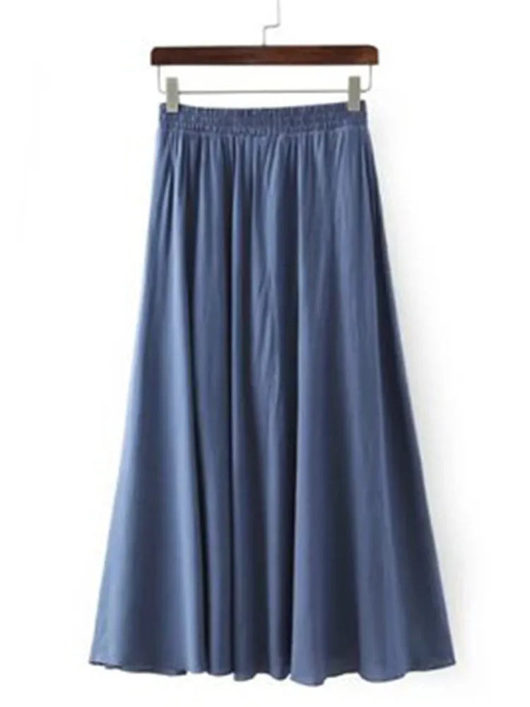 Rayon Women Lace Up Elastic Waist Pure Color Pleated Long Skirts