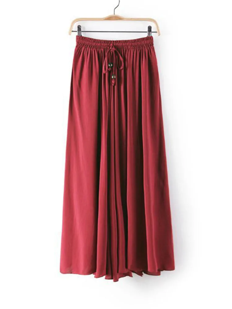 Rayon Women Lace Up Elastic Waist Pure Color Pleated Long Skirts