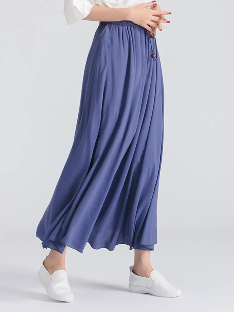 Rayon Women Lace Up Elastic Waist Pure Color Pleated Long Skirts