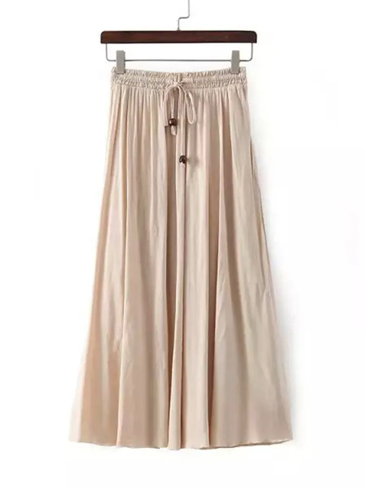 Rayon Women Lace Up Elastic Waist Pure Color Pleated Long Skirts