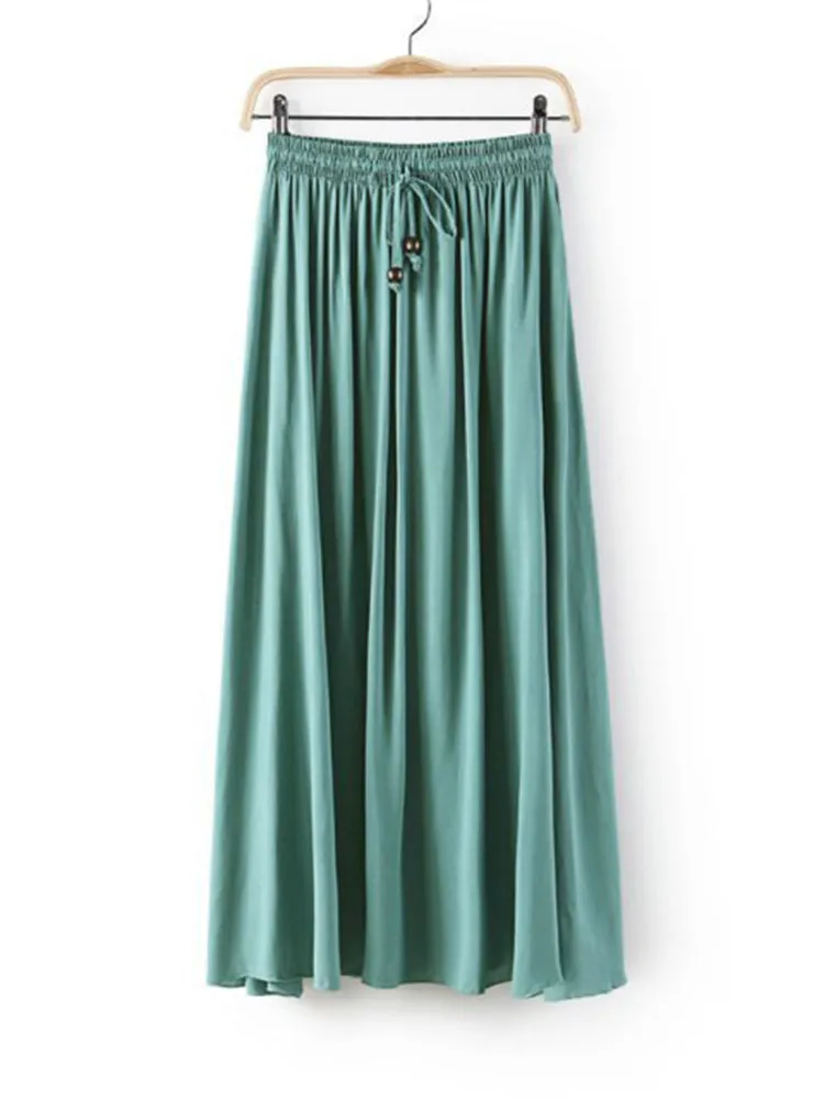 Rayon Women Lace Up Elastic Waist Pure Color Pleated Long Skirts