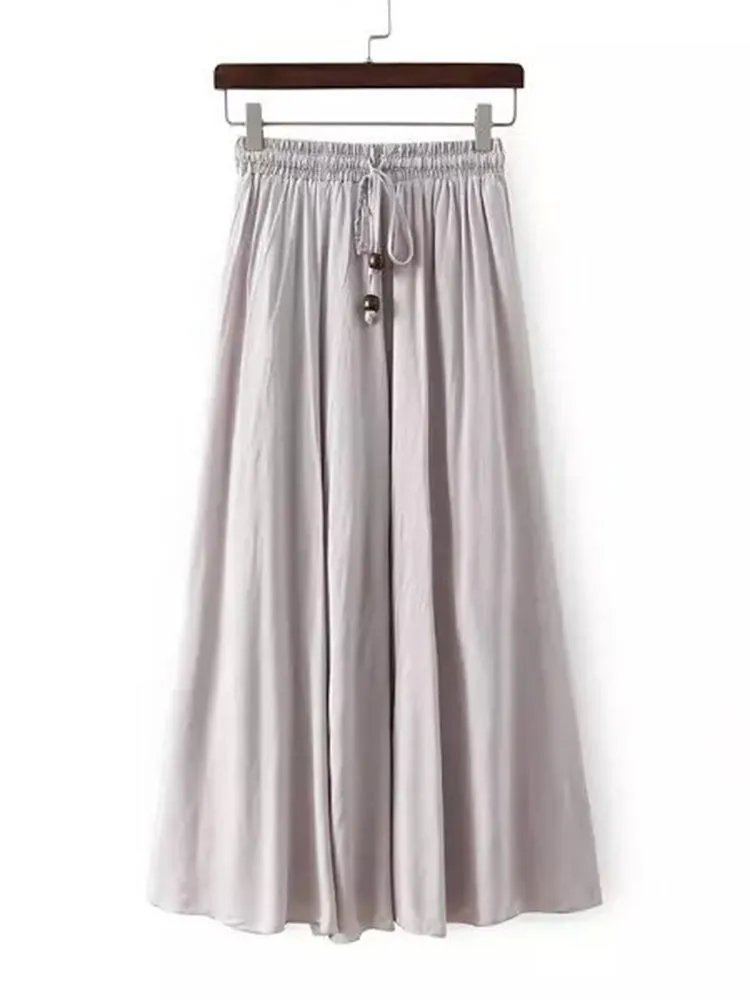Rayon Women Lace Up Elastic Waist Pure Color Pleated Long Skirts